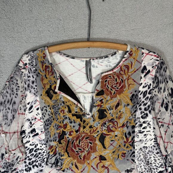 Anthropologie Women’s Mathilda Balloon Sleeve Mixed Print Blouse XL Sheer Boho - Picture 2 of 15